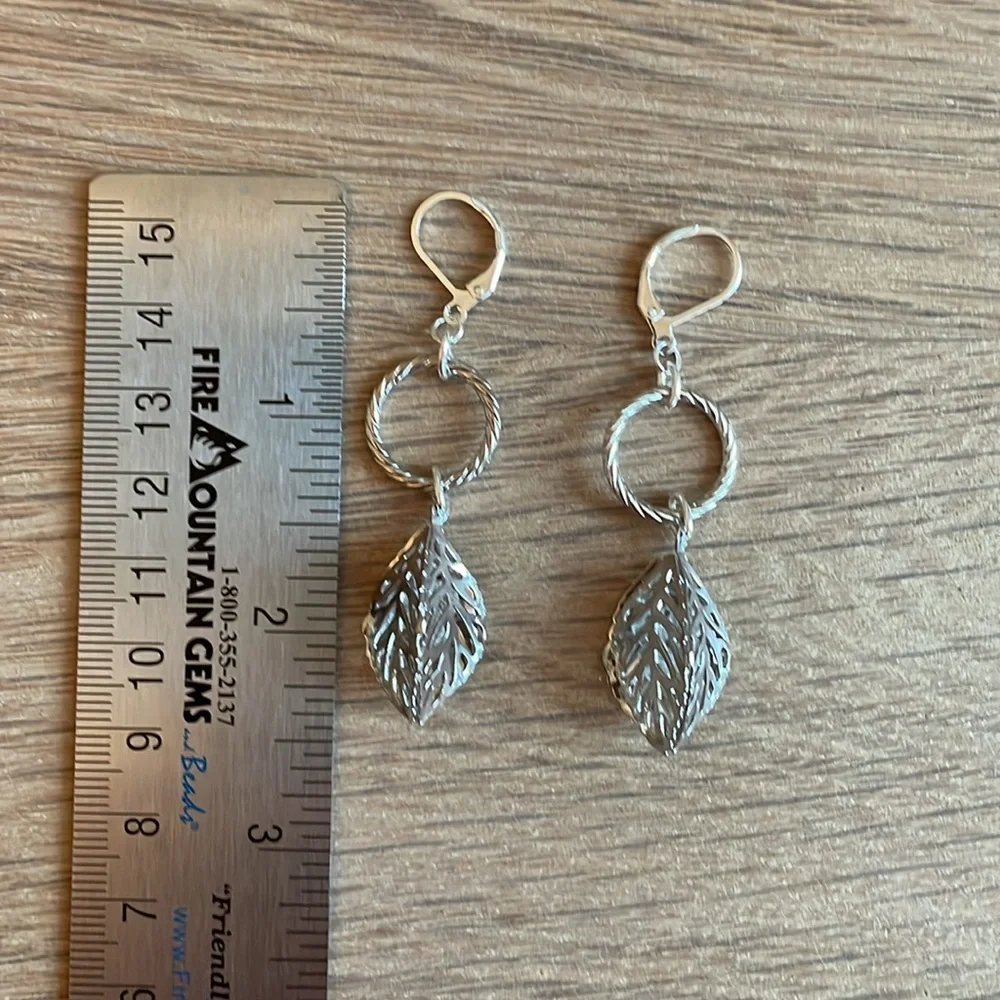 HAND CRAFTED EARRINGS Silver Dangling Leaves Hoop Earrings